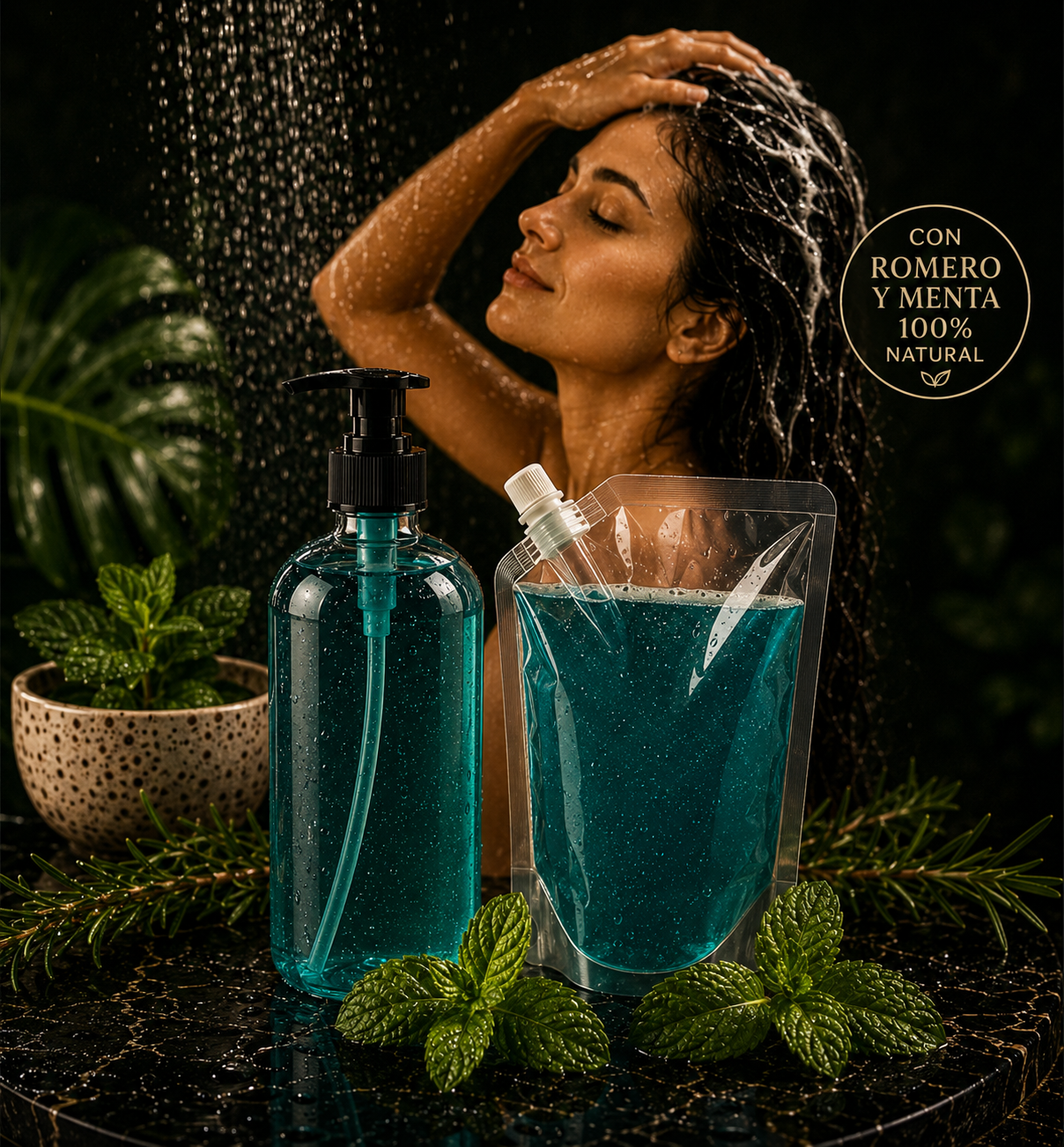 KIT REFILL Shampoo Artesanal Romero Menta 1 KG + Envase Boston 480 ml