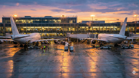 Two airplanes at sunset are parked at an airport gate, with workers in reflective vests. The wet tarmac reflects orange light. From Gemini AI