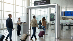 Passengers with luggage walk through international boarding, greeted by a security officer. Bright terminal, checkmark screen, info displays. From Gemini AI