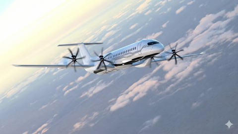 White aircraft with propellers flies above clouds at sunset. Soft pink and blue hues dominate the sky, evoking a serene atmosphere.From Gemini AI