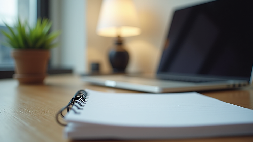 Eye-level view of a modern workspace with a laptop and notepad