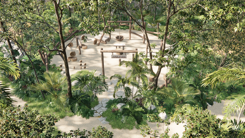 Jungle Gym con equipo de entrenamiento entre árboles y vegetación