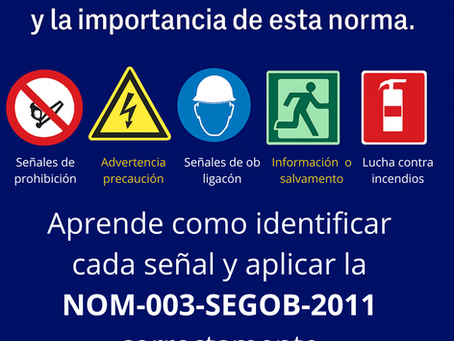 Gráfico informativo en español que explica la NOM-003-SEGOB-2011, mostrando los cinco tipos de señales de seguridad: prohibición (círculo rojo), advertencia (triángulo amarillo), obligación (círculo azul), información (rectángulo verde) y lucha contra incendios (rojo cuadrado). Diseño claro con íconos y colores normativos. Logo pequeño de Impretoriz en la parte inferior.