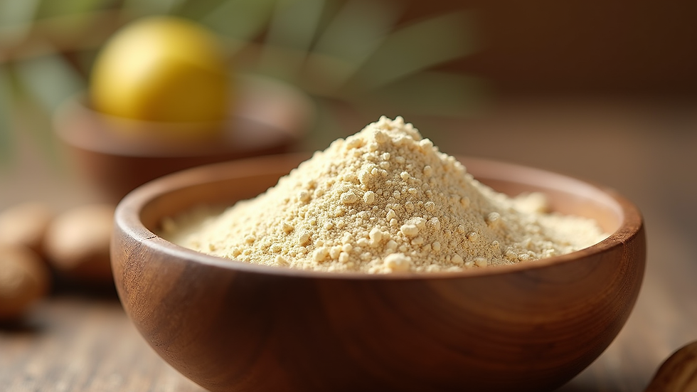 Close-up view of Kumkumadi face pack powder in a wooden bowl
