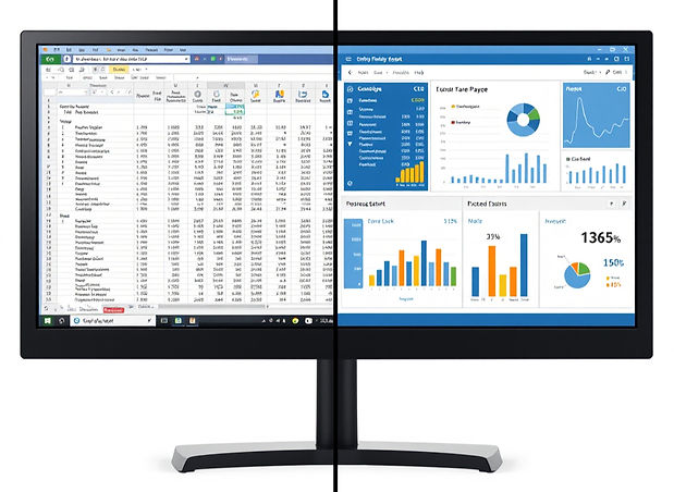 Split screen comparison, left side messy Excel spreadsheets with many tabs and tables, rig