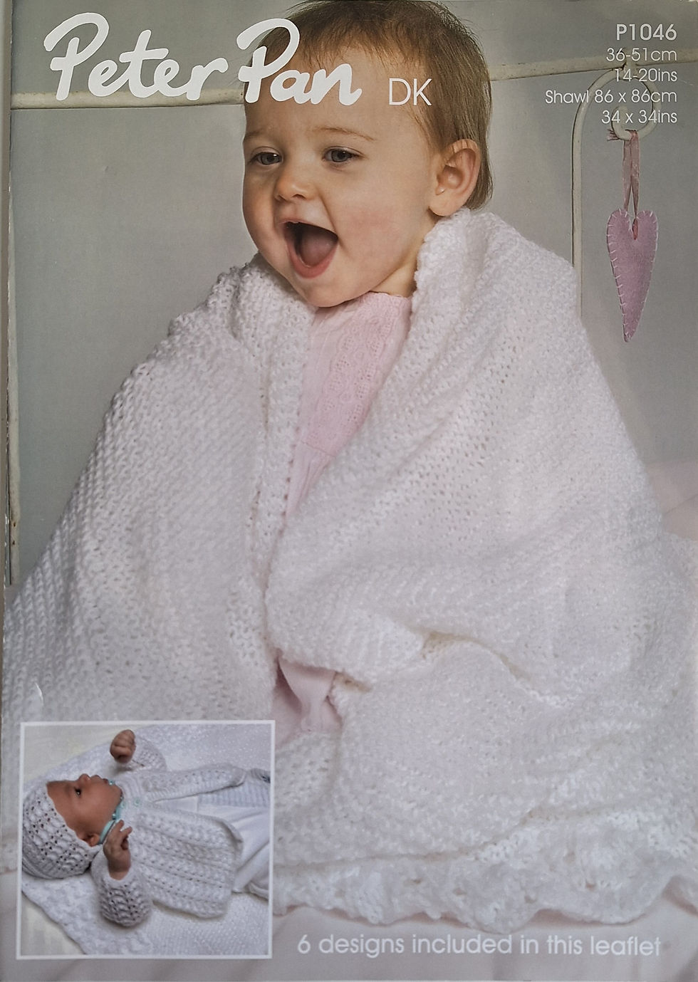 P1046 Matinee Coat, Angel Top, Bonnet, Mittens, Bootees & Shawl in Peter Pan DK