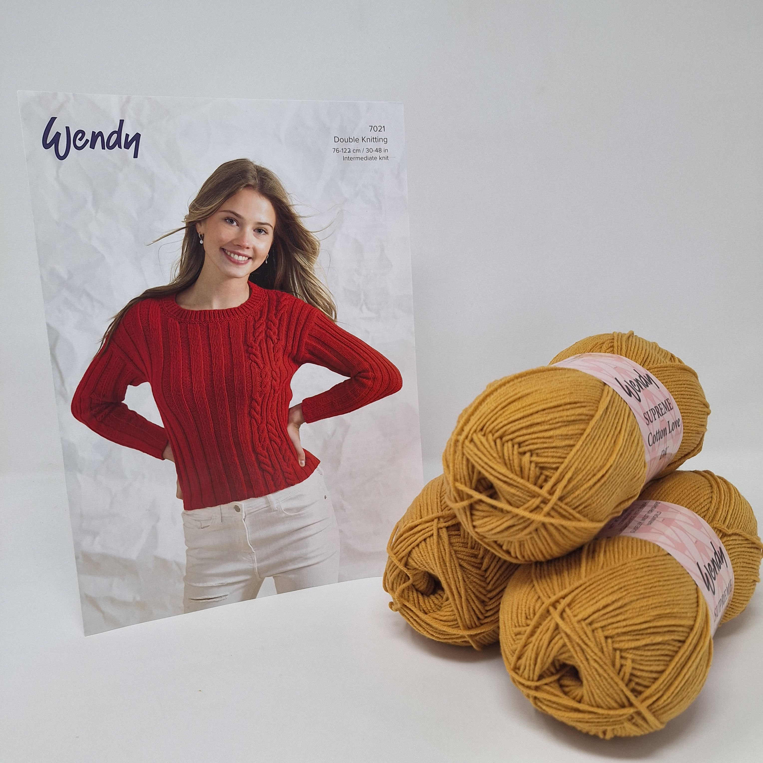 Cable Sweater Knitting Kit in Wendy Supreme Cotton Love DK Antique Gold WCT14
