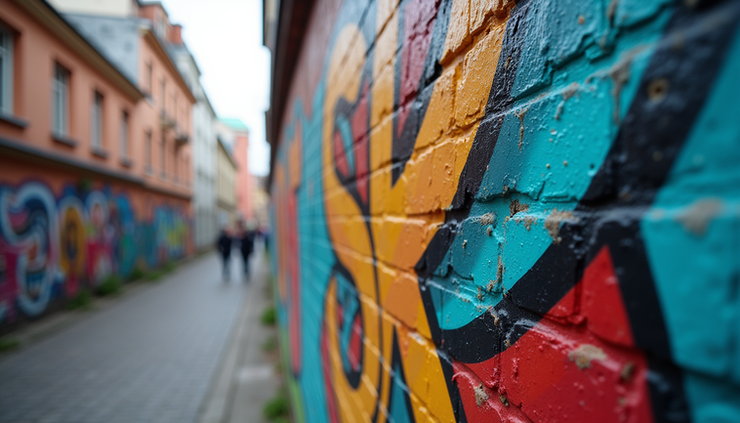 Close-up view of a colorful street mural on a brick wall in Moscow’s art district