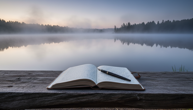 Eye-level view of an open journal on a wooden bench beside a still lake