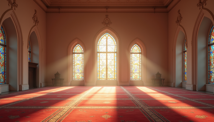 Eye-level view of a mosque's prayer hall with sunlight filtering through stained glass windows