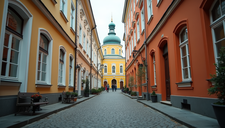Eye-level view of a quiet, colorful courtyard in Moscow with traditional Russian architecture