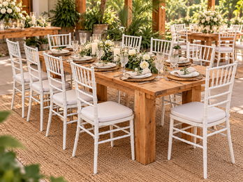 Mesa Florença com cadeiras Tiffany brancas em casamento | Fascine Design