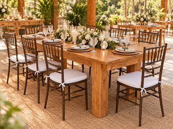 Mesa Florença com cadeiras Tiffany tabaco em evento | Fascine Design