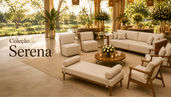 Coleção Serena da Fascine Design com sofá, poltronas, cadeiras e recamier para lounges de eventos, casamentos e recepções sofisticadas.