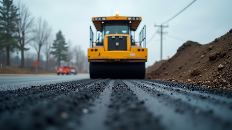 Eye-level view of asphalt paving machine at a construction site