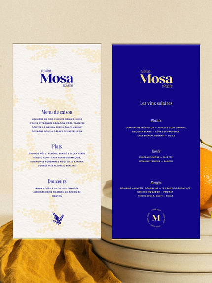 Cartes de menu Mosa recto crème et verso bleu, direction artistique restaurant méditerranéen