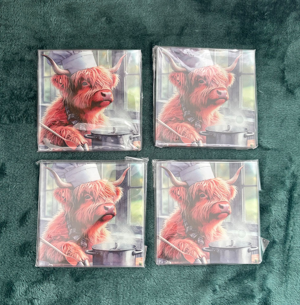 Thumbnail: Set of 4 glass coasters Highland cow chef design bundle 