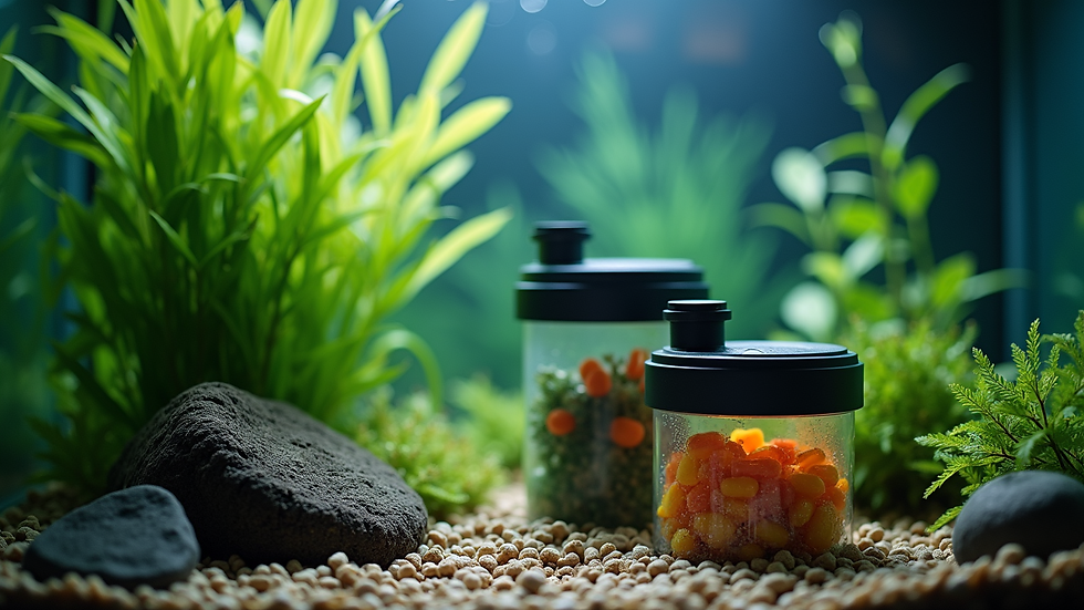 Close-up view of aquarium accessories including filters and fish food