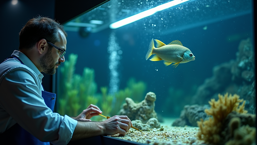 Close-up view of a professional aquarium technician performing maintenance