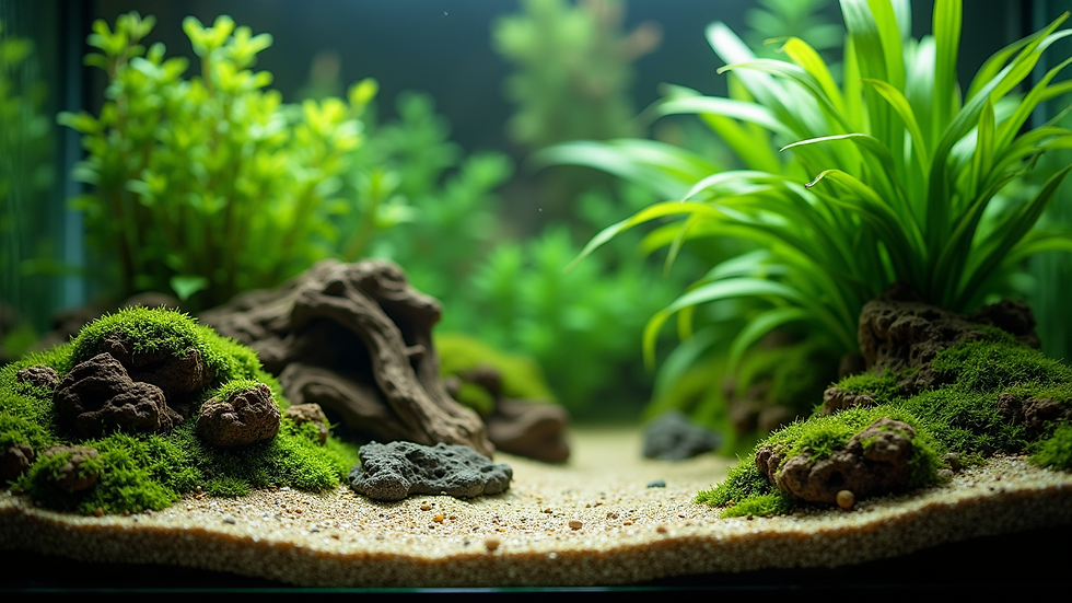 Eye-level view of aquarium with driftwood and green aquatic plants