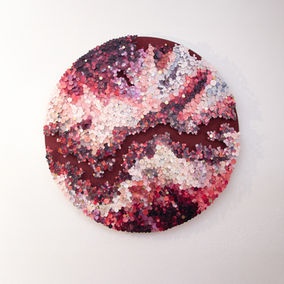 Abstract artwork composed of molecular fragmentation of satellite photographs of the earth on pins. Commissioned artwork for interiors. Contemporary Mosaic.