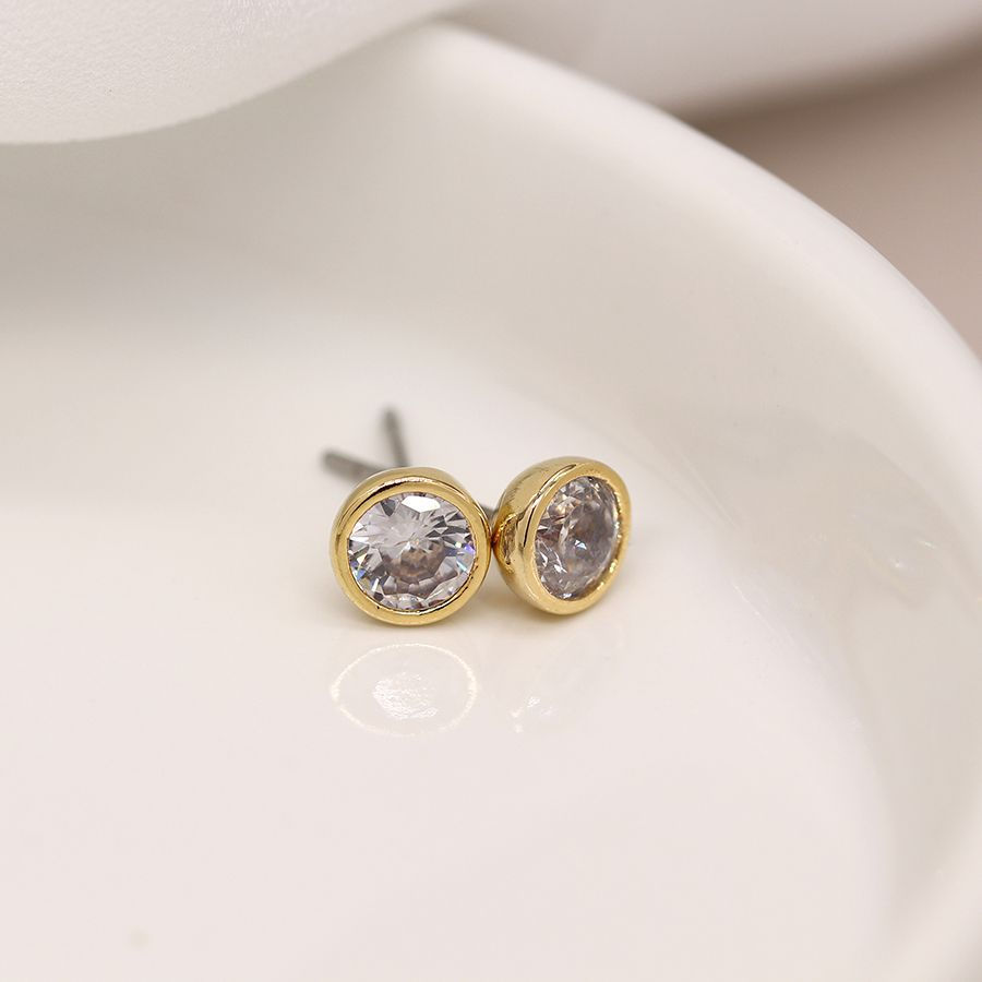Thumbnail: Pom - Golden simple round CZ crystal earrings