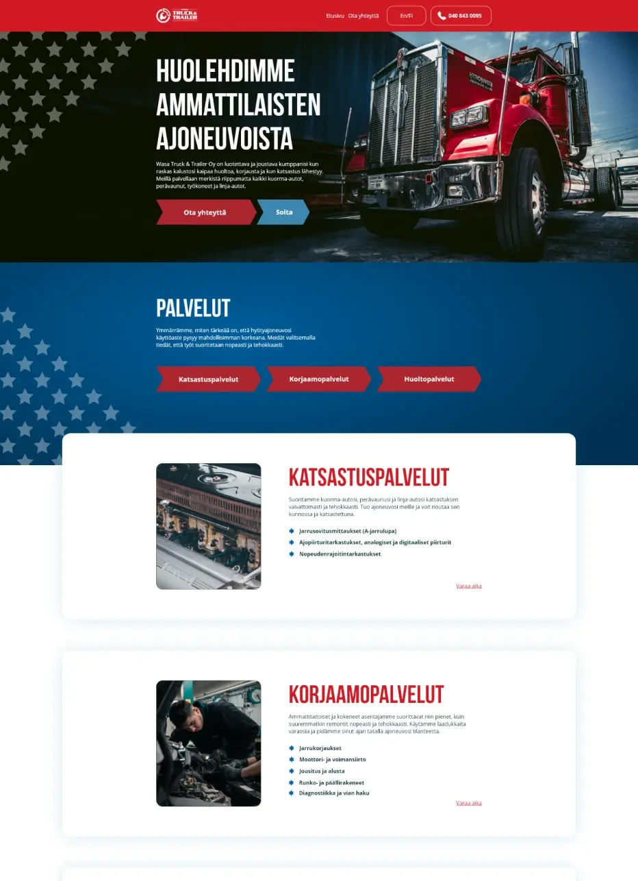 Raskaan kaluston huoltopalvelulle rohkea, amerikkalaistyylinen brändi ja verkkosivusto.