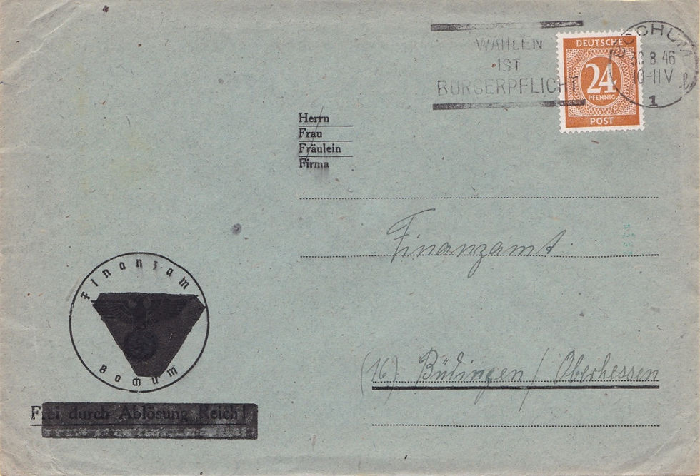 Germany, British Occupation Zone, Bochum, 30th August 1946. Official cover from the Finanzamt Bochum using surviving Third Reich era stationery, the former national socialist emblem and related text deliberately obliterated. Franked24 Pfennig, with a Bochum machine cancellation carrying the slogan "Wählen ist Bürgerpflicht", "Voting is a civic duty", recorded 26th August to 18th September1946, promoting the municipal elections of 15th September 1946. Ref: 30.08.1946 - 35/28
