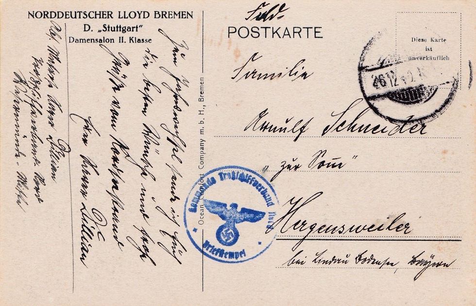 Feldpost postcard bearing the official blue handstamp of the Kommando Troßschiffverband Nord, the Kriegsmarine command associated with naval supply vessels operating in the northern area.Interestingly, the correspondence was written on surviving stationery of the Norddeutscher Lloyd Bremen passenger steamer Stuttgart, specifically a postcard originally provided in the ship's Damensalon II. Klasse (Second-Class Ladies' Saloon). The Stuttgart had subsequently passed from civilian passenger service into wartime use and served as a Kriegsmarine hospital ship.