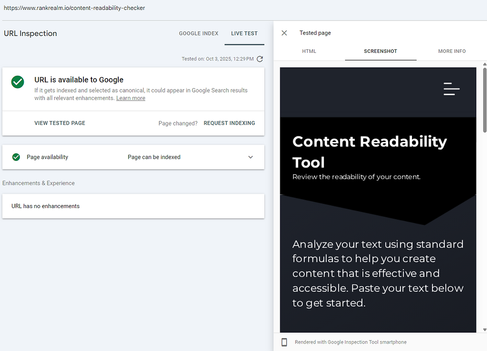 RR in search console, looking at the inspect url tool