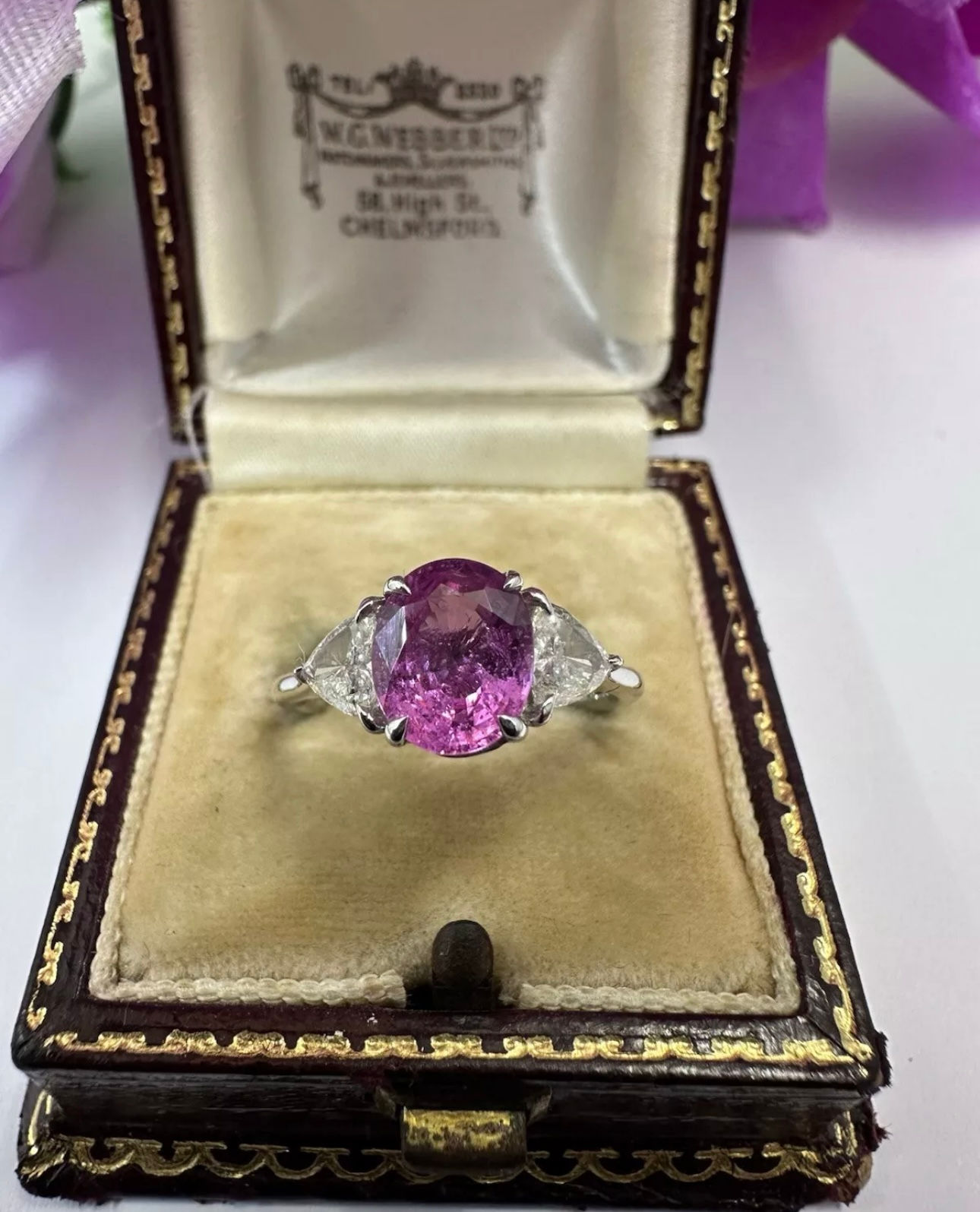 Beautiful Pink sapphire & Trilliant Cut Diamond Ring Platinum