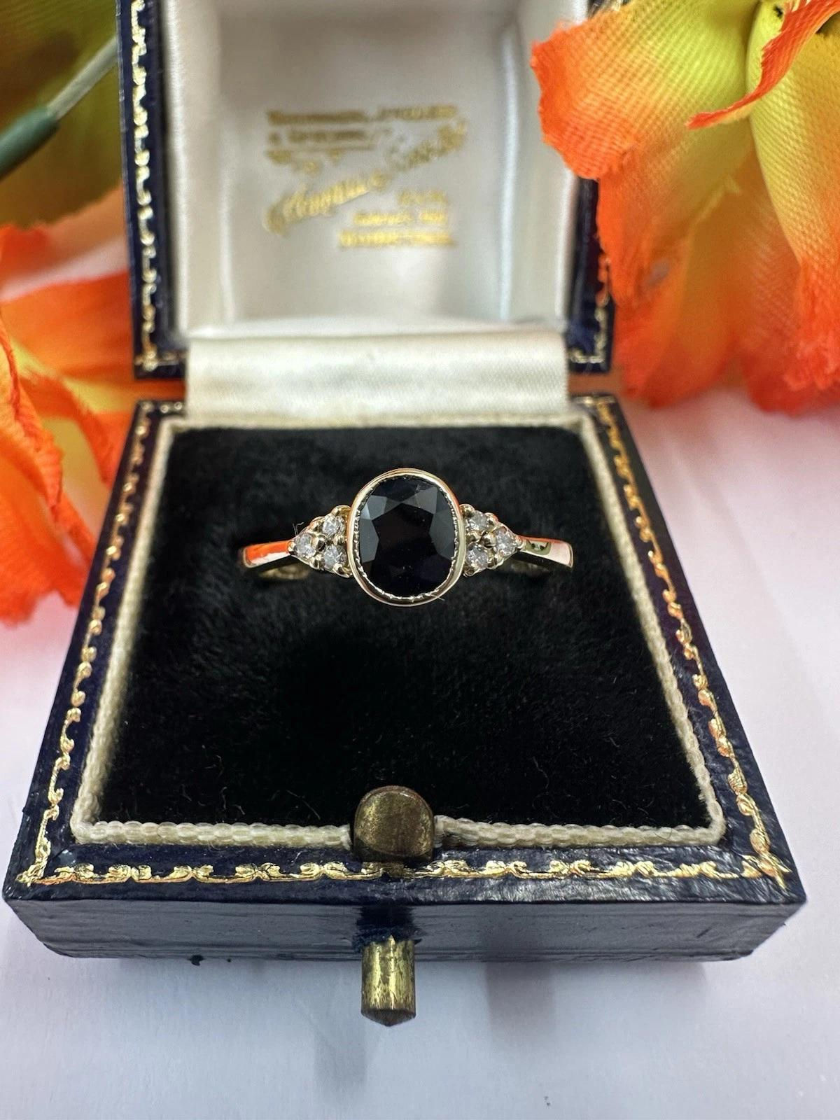 Pretty Rub Over Sapphire & Diamond Oval Cut 9ct Hallmarked Ring