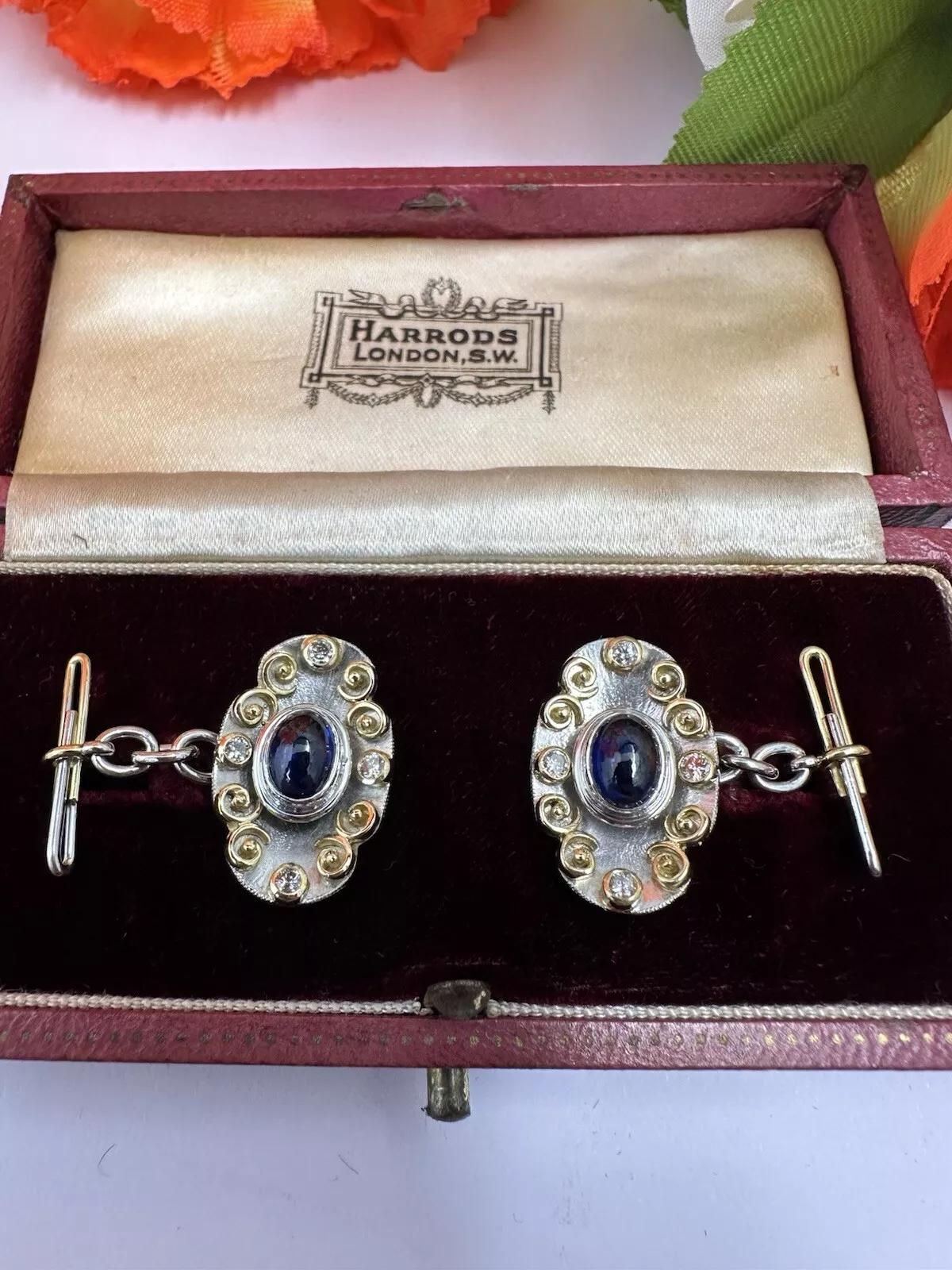 Unusual 18k Bi Metal Sapphire/diamond Cabachon Cufflinks