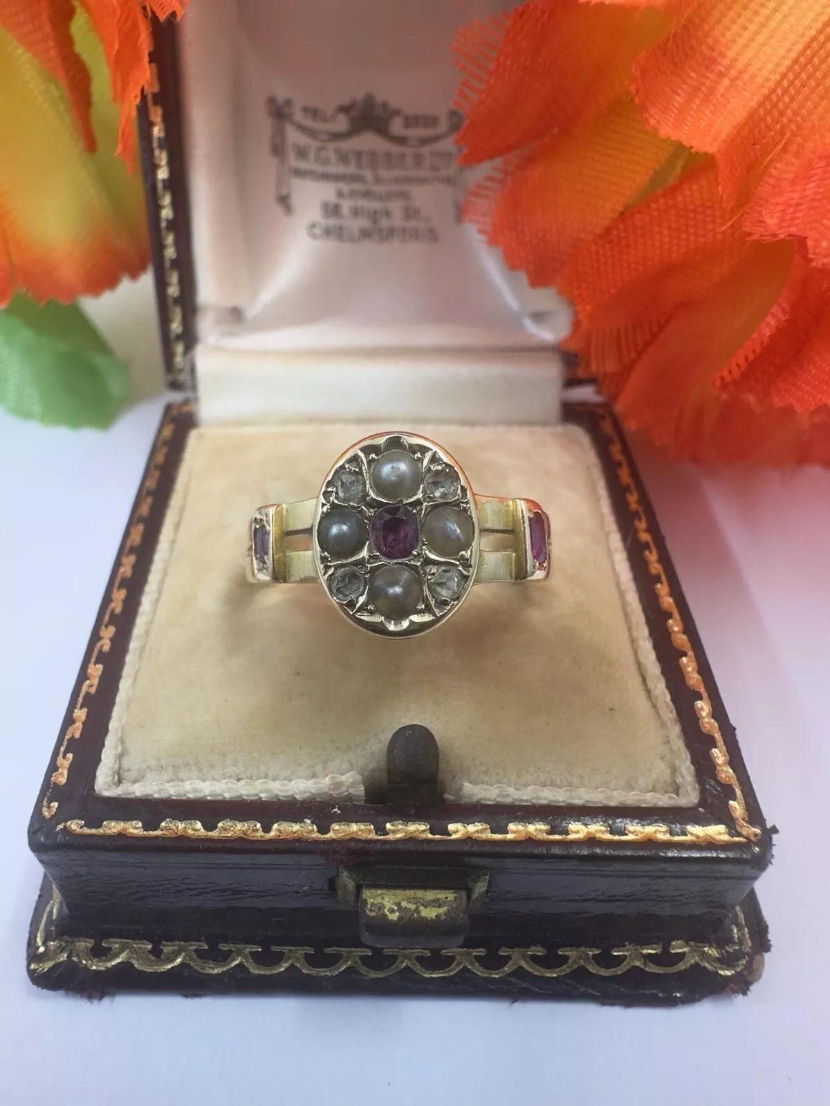 Antique Victorian 18ct Diamond/ruby/pearl 18ct Yellow Gold ring.