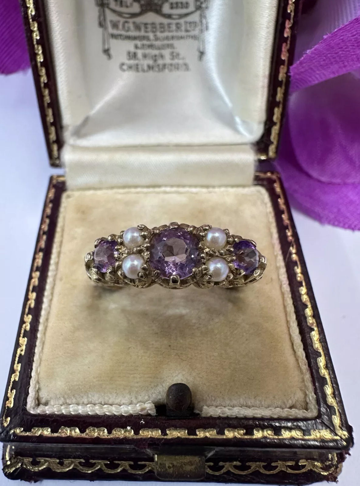 Amethyst & Pearl Pretty Scroll Work Detailing Ring