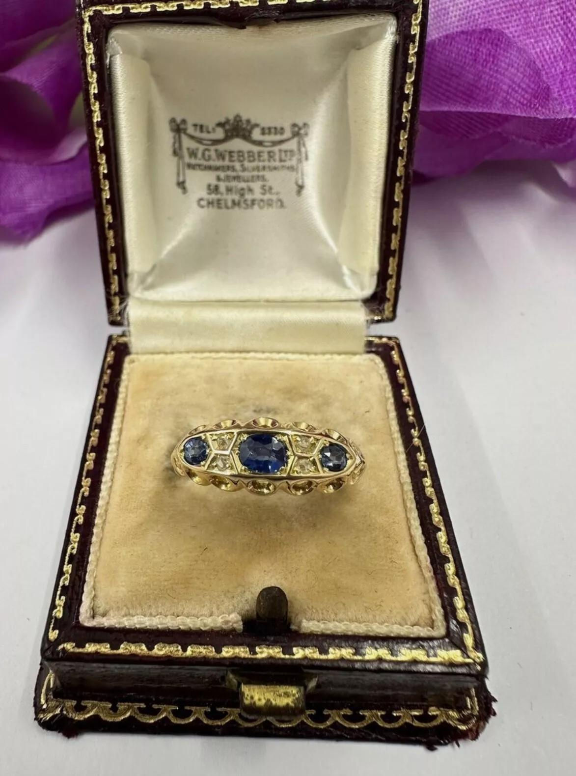 Edwardian Sapphire & Diamond 3 Stone 18k Gold Ring