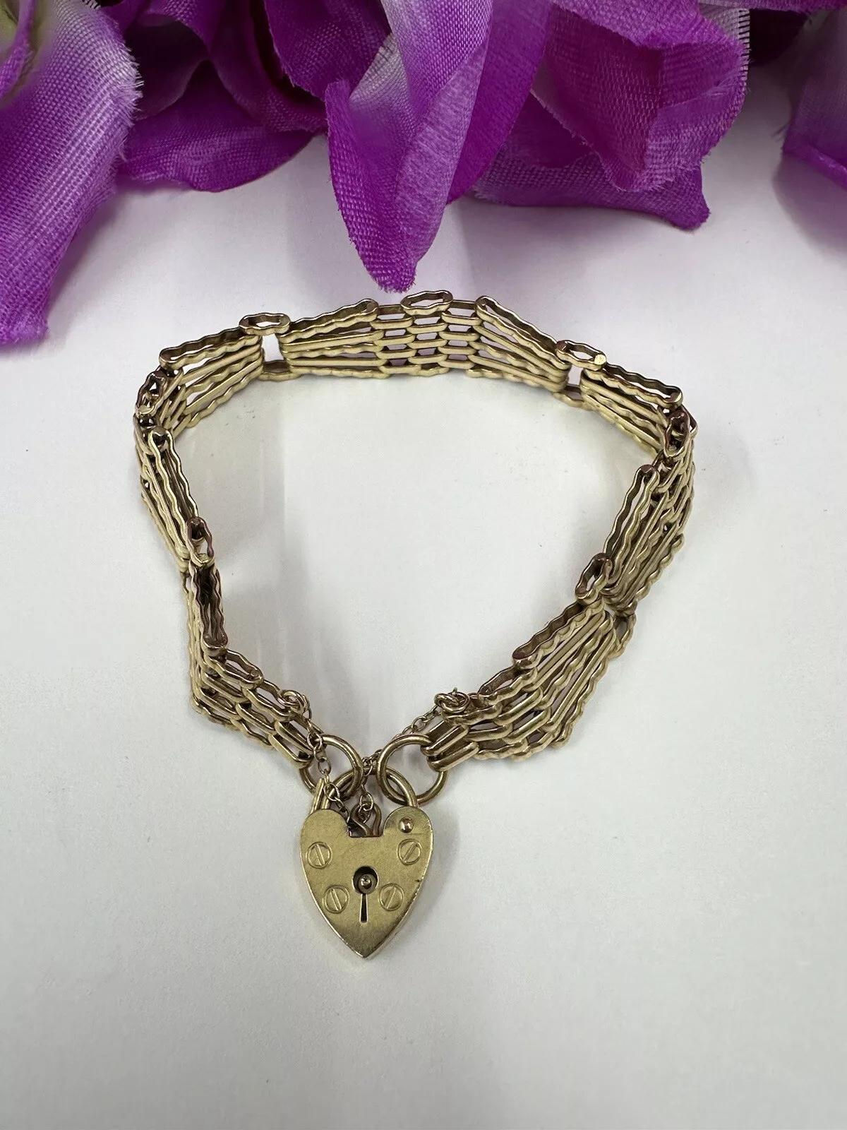 Pretty 9ct Gold Gate Bracelet & Padlock Clasp/safety Chain