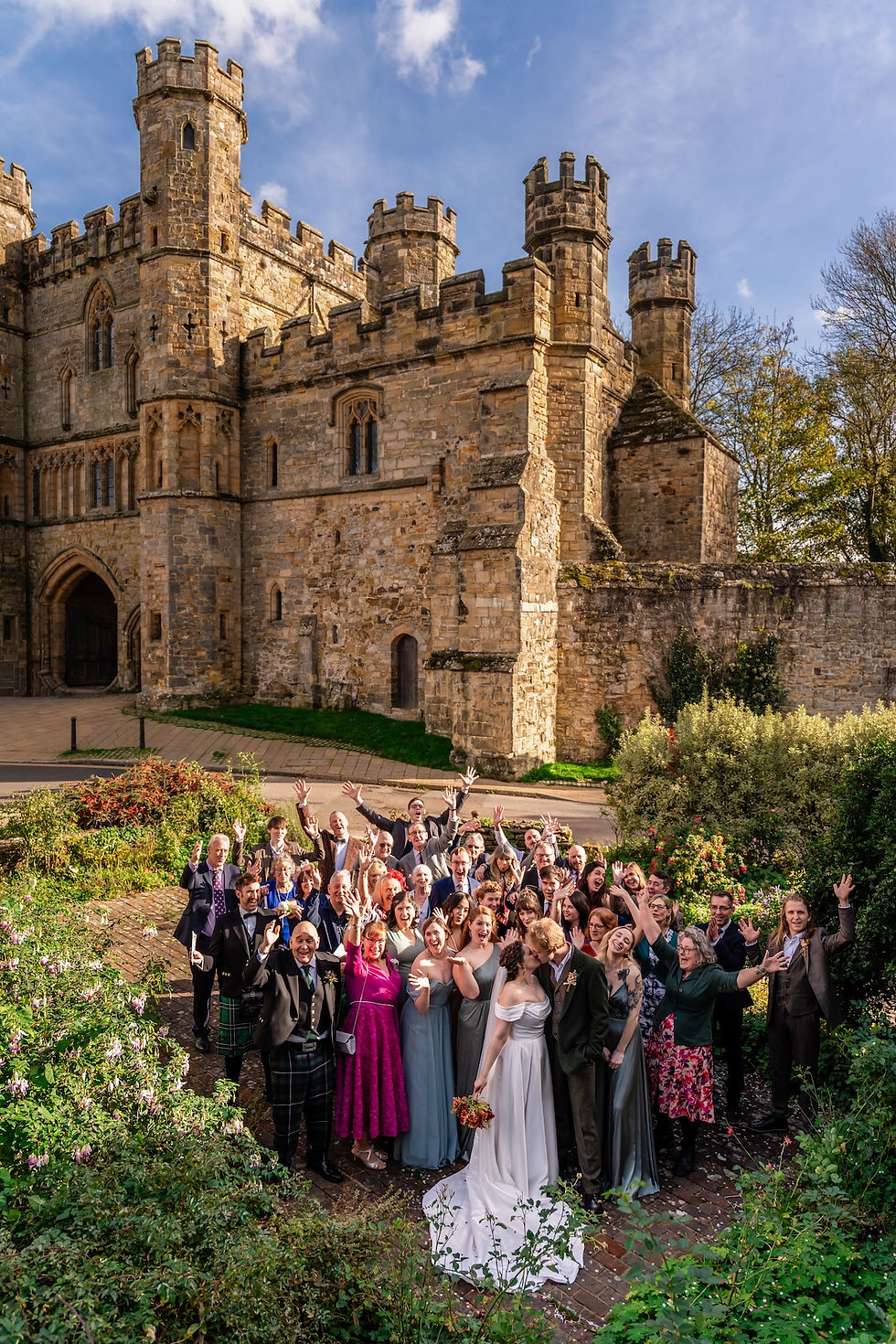 Wedding party group photo the pilgrims rest battle , battle abbey wedding