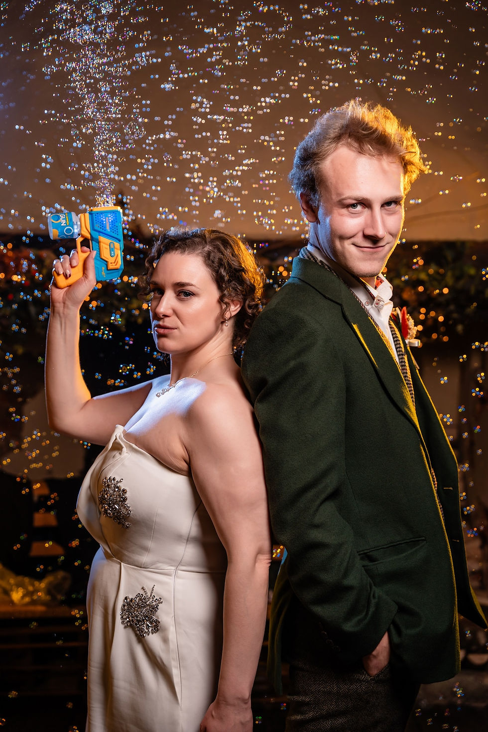 Pilgrims rest battle couple portrait with bubble gun