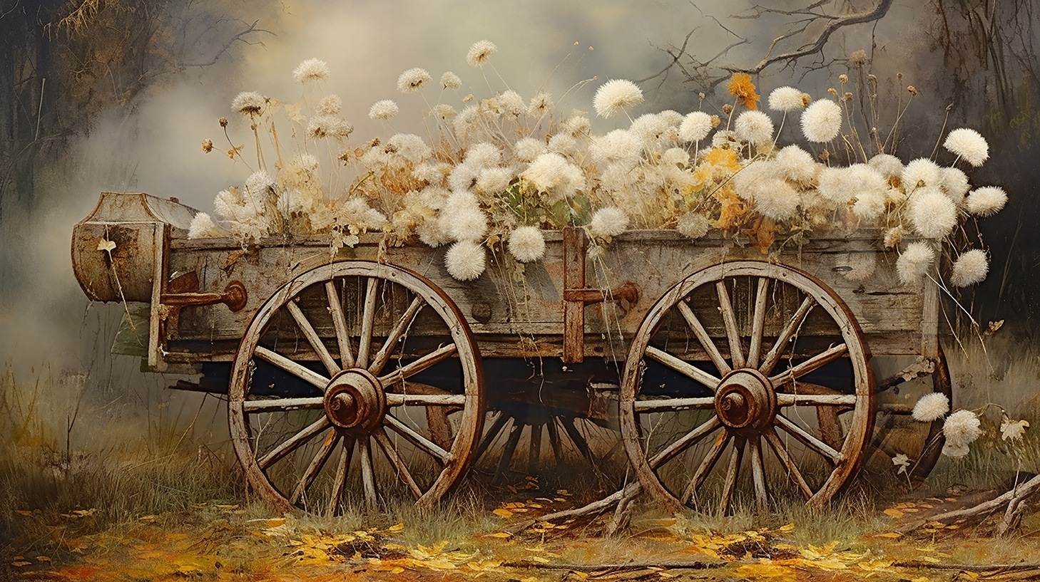 OLD WAGON FULL OF DANDELIONS