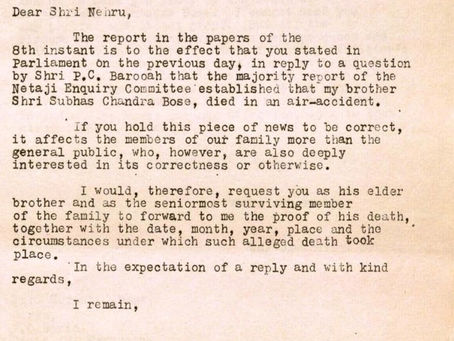 Suresh Bose's letter to Nehru demanding proof of Netaji's death