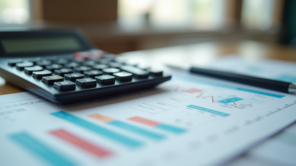 Close-up view of a calculator and financial documents
