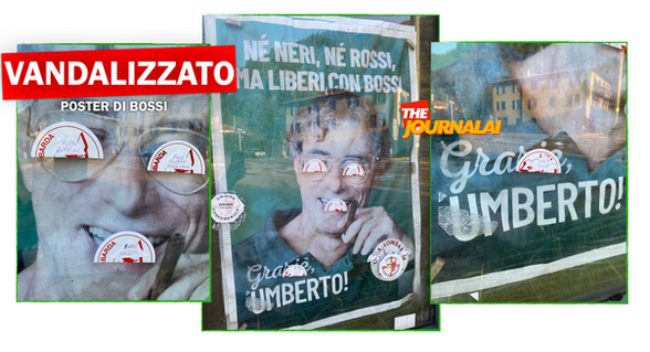 Pontida, imbrattato poster di Bossi nel giorno del suo compleanno: affissi sticker della Lega Lombarda con scritte “senza palle, falliti, buffone”