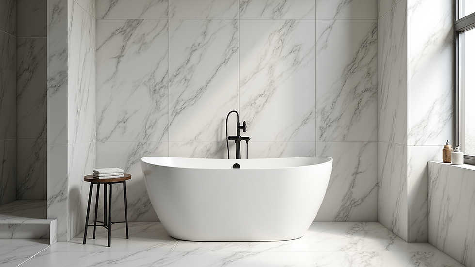Close-up view of a bathroom with marble tiles and a freestanding tub