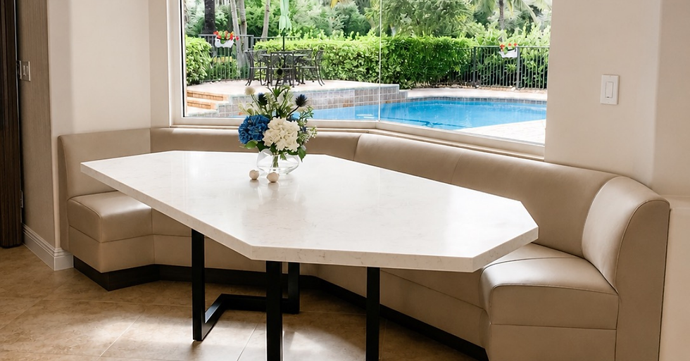 At Delorie Countertops & Doors Inc., we specialize in creating custom surfaces designed around the way people actually live—and this breakfast nook showcases the difference custom craftsmanship can make.