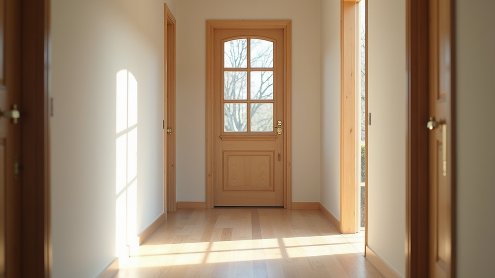 Eye-level view of a custom wooden door with glass panels in a bright hallway