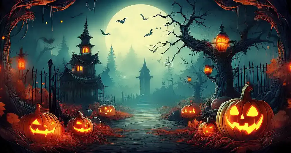 scary Halloween scene with Jack-o'-lanterns