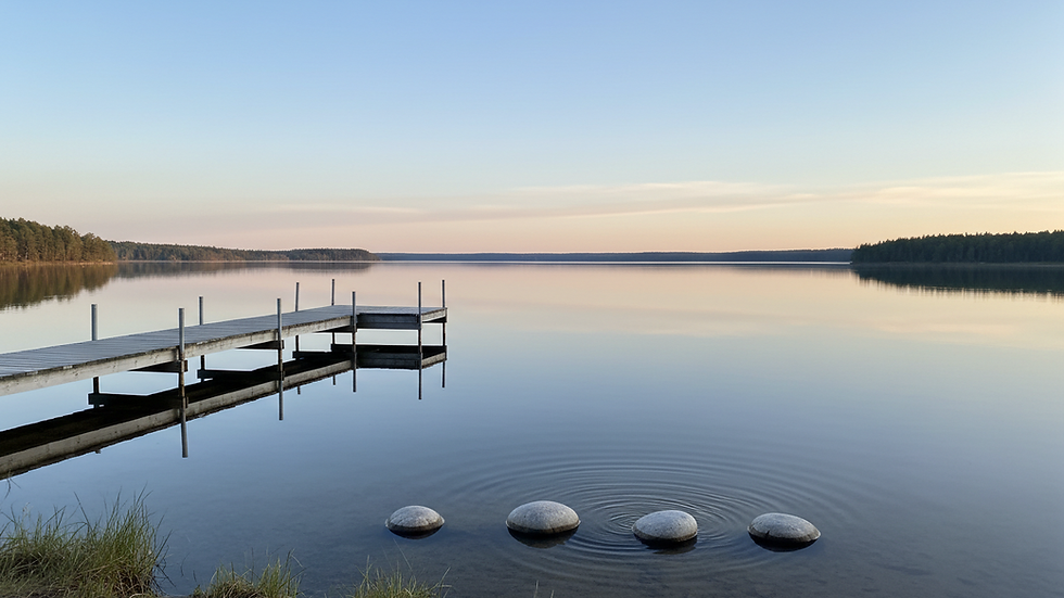 Eye-level view of a calm lake reflecting a clear sky