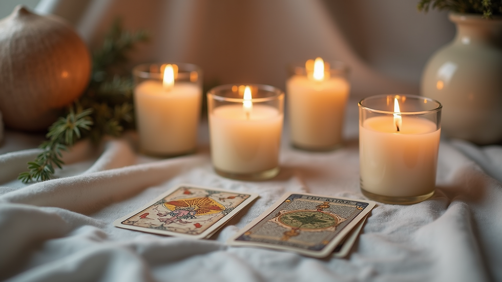 Eye-level view of a cozy space with candles and tarot cards