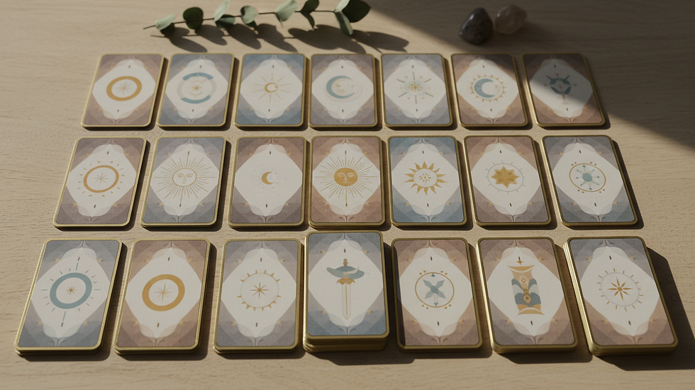 Close-up view of a tarot card deck spread on a wooden table